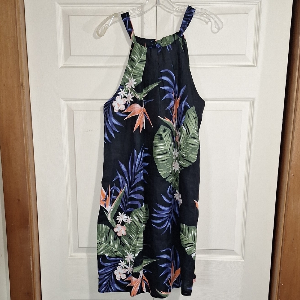 28 Palms 100% Linen Tropical Print Lined Midi Halter Dress - L - Black